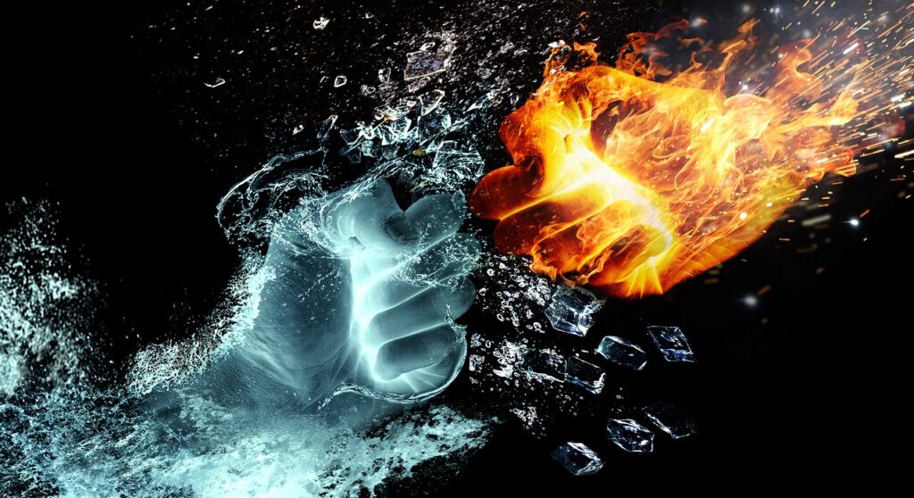 Fear and Faith. Image of a blue fist representing water fist bumping with an orange fist representing fire.