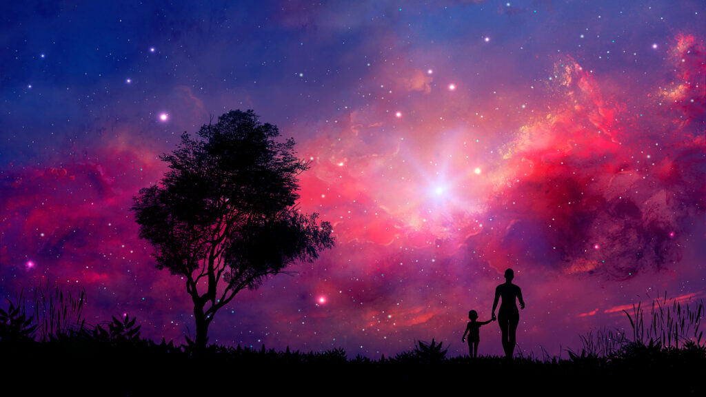 My Mother's Wisdom. Image of the silhouette of a mother and daughter standing near a tree as they look out at a colorful pink, purple, and blue galaxy.