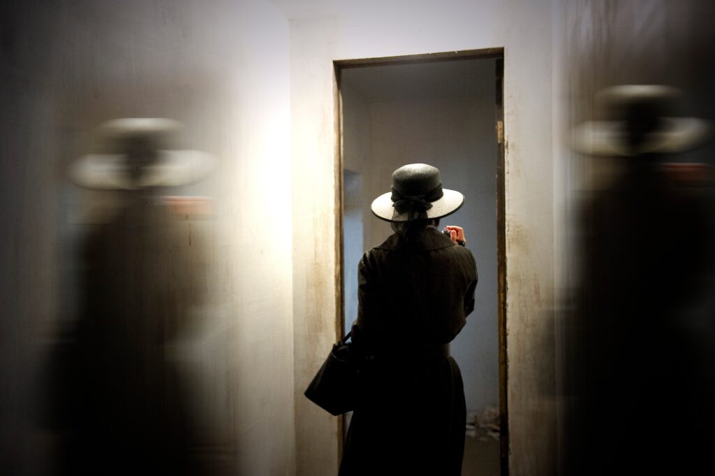 The Door. Image of a woman in a black trench coat and hat, holding a black purse, standing in front of an open door way. A shadowy glitch of herself appears on either side of her.